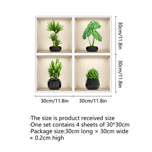 Set di 4 adesivi murali 3D con piante verdi in vasi per decorazione casa 30x30cm
