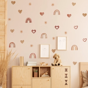 Stickers muraux arc-en-ciel et cœur style nordique pour chambre d'enfant avec meubles