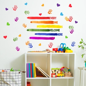 Rainbow palm prints and hearts wall decal with Everyone is Welcome Here text