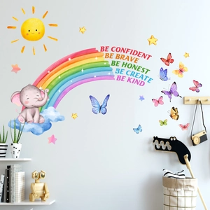 Watercolor rainbow wall stickers with elephant and butterflies for nursery decor