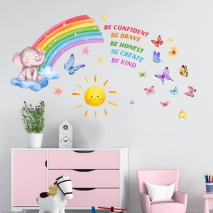 Rainbow elephant wall sticker set for kids room decor with butterflies and stars