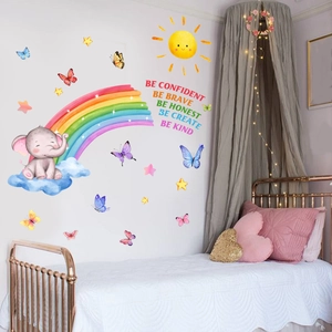 Detail of watercolor elephant and rainbow wall stickers with motivational quotes in a nursery