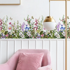 Garden style wall stickers with colorful wildflowers and butterflies on white living room wall