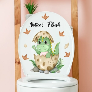 Cartoon green dinosaur toilet lid sticker with Notice Flush text for bathroom decor