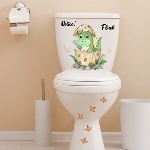 Detail of cartoon dinosaur toilet sticker with green baby dinosaur and Flush text