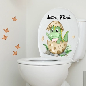 Funny green cartoon dinosaur hatching from egg toilet sticker with Flush notice text