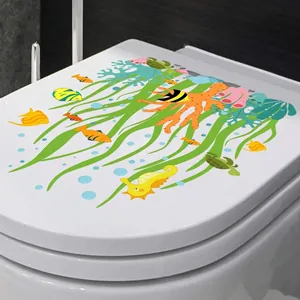 Cartoon ocean world toilet lid stickers with seaweed, sea turtles and colorful fish