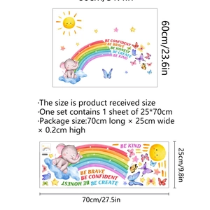 Rainbow elephant and butterfly wall stickers with Be Kind quote for kids room decor
