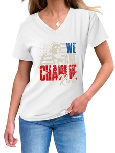 Close-up of Charlie Kirk vintage graphic print on a white V-neck cotton T-shirt