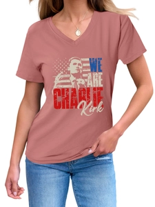 Detail of V-neck dusty rose t-shirt with Charlie Kirk and US flag vintage graphic print