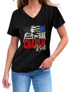 Detail view of V-neckline and Charlie Kirk graphic print on a casual black cotton T-shirt