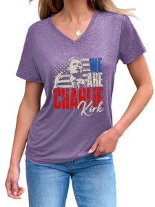 Detail of the V-neckline and graphic print on the purple heather cotton women's T-shirt