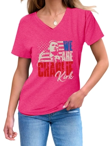 Detail of rose pink V-neck T-shirt with Charlie Kirk graphic and USA flag print