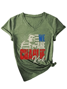Detail of army green V-neck T-shirt with front portrait print and stylish knot hem