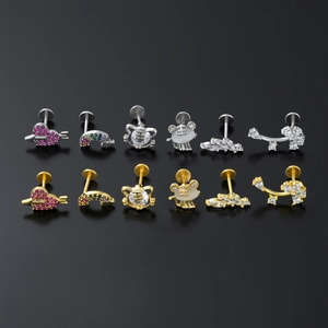 Surgical steel stud earrings set with heart and rainbow zircon charms in gold and silver