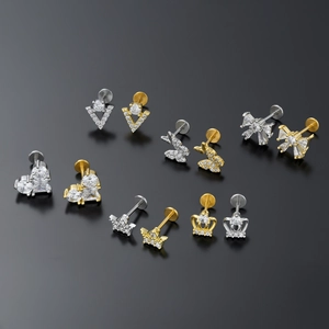 Studs de labret en acier chirurgical avec zircon, formes couronne et papillon en or et argent