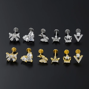 Lot de 12 clous d'oreilles en acier inoxydable avec motifs papillon, cœur et couronne