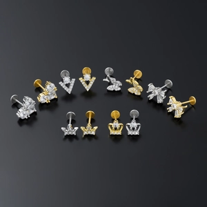 Studs de lèvre et cartilage en acier inoxydable avec motifs papillon et cœur en zircon