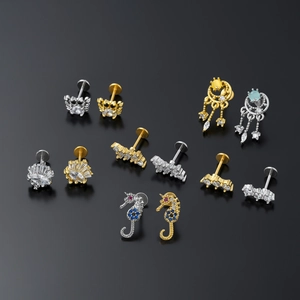 Flache Labret-Ohrstecker mit Zirkonia-Mikro-Inlay in Krabben- und Sonnendesigns