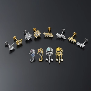 Flache Labret-Piercings mit Mikro-Zirkon in Seepferdchen-, Stern- und Mondformen