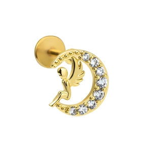 Vergoldeter Piercing-Stecker mit Mondsichel und Engel-Motiv sowie Zirkonia-Steinen