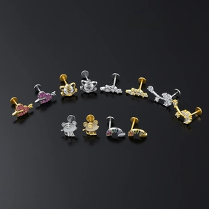 Minimalist animal stainless steel lip and cartilage studs set with vibrant zircon inlays