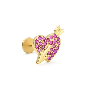 Golden heart labret stud with pink gems and arrow design in stainless steel