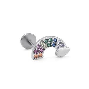 Detailed view of rainbow labret stud with multi-color stones and silver cloud finish