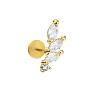 Macro shot of gold-plated labret stud with marquise-cut zircon stones in a leaf design