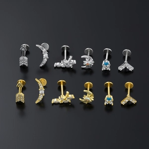 12pcs surgical steel stud set with zircon arrows and moon shapes in gold and silver