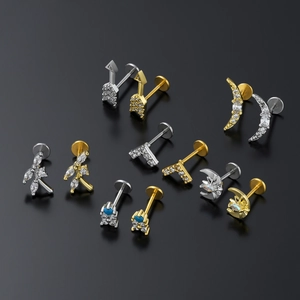 Surgical stainless steel labret studs with zircon in gold and silver plating