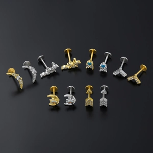 Fashionable stainless steel lip and cartilage studs with zircon and butterfly designs