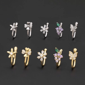 U-shaped non-piercing nose clips with flower and butterfly cubic zirconia in gold and silver
