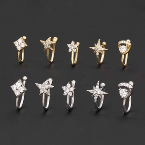 10-piece non-piercing nose clip set with flower star moon shapes and zircon stones