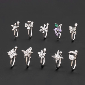 10-piece silver non-piercing nose clip set with cubic zirconia floral and star patterns
