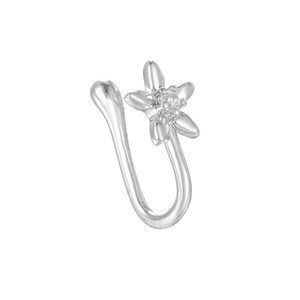 Macro shot of silver flower non-pierced U-shaped nose clip with sparkling zircon