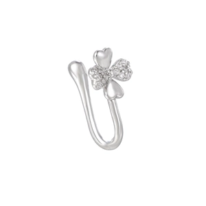 Detail of silver clover non-piercing nose clip with polished hearts and pavé crystals