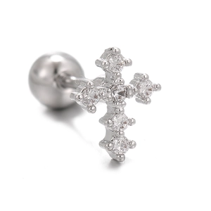 Macro di orecchino a croce argento con zirconi micro-pavé e chiusura a vite sicura