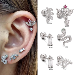 Helix Piercing Stud Earrings With Zircon Copper Wing Snake Evil Eye Leaf Designs And Stainless Steel Earring Post
