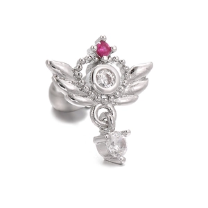 Detail of silver wing stud earring with heart zircon drop and red crystal accent