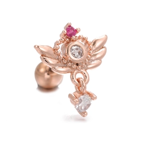 Detailed macro view of rose gold ear stud with pink heart stone and white square pendant