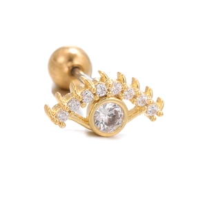 Detailed close-up of eye-shaped gold ear stud with clear zircon and screw-back ball