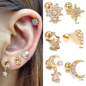 Copper Zirconia Cartilage Stud Earrings Star Moon Heart Flower Shapes Helix Piercing Jewelry With Screw Ball Back