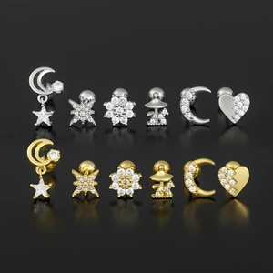 Crescent moon and star zircon ear piercing set in silver and gold plating