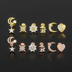 12-piece moon and star piercing stud set with zircon inlay in gold and rose gold