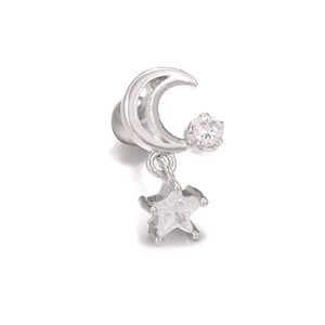 Detailed view of silver moon and star earrings featuring micro-pave cubic zirconia crystals