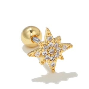 Golden octagonal star stud earring with shimmering white zircon micro-pave setting
