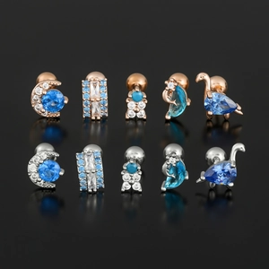 Blue zircon dinosaur stud earring set in rose gold and silver finish with ball back