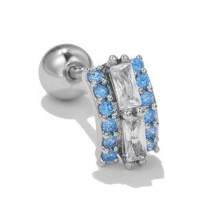 Macro detail of rectangle zircon cartilage stud with blue accents and screw back