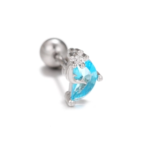 Detailed macro view of silver moon zircon tragus stud with blue crystal and screw back ball